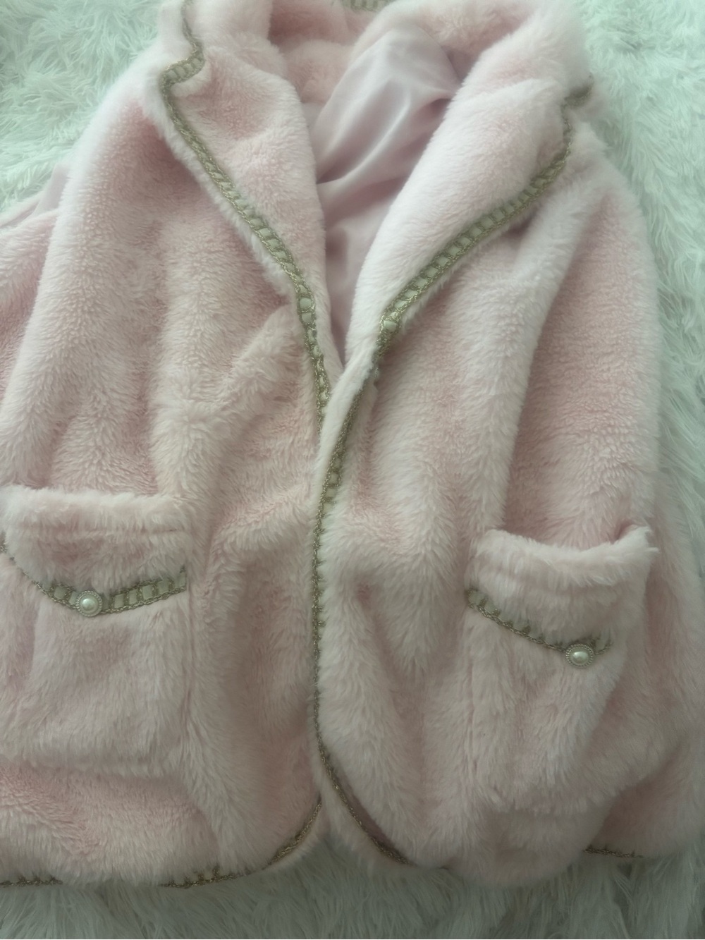Women XL  Plush Pink Faux-Fur Jacket with Pearl Trim
